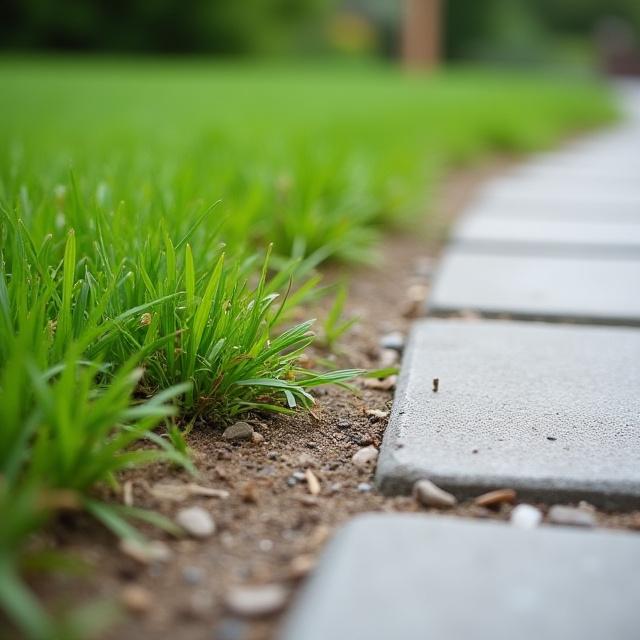 An overgrown walkway edge before maintenance.
